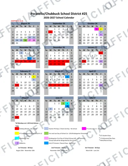 Pocatello-Chubbuck School District 2026-27 calendar