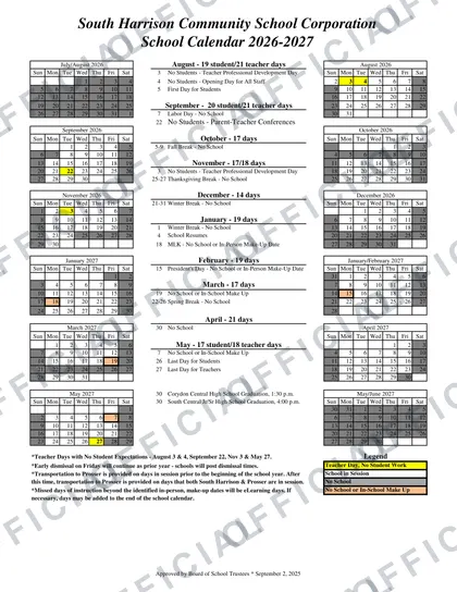 South Harrison Community School Corporation 2026-27 calendar