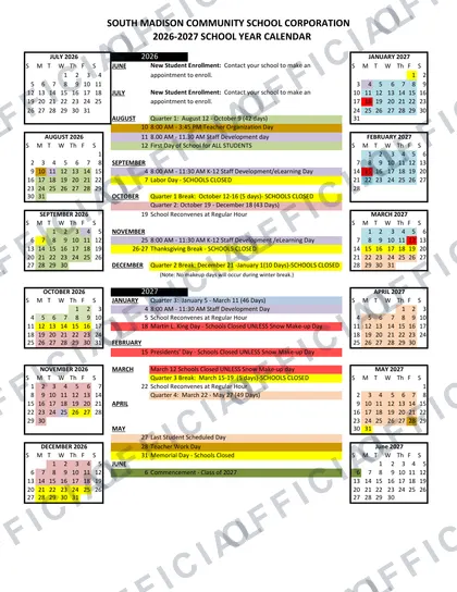 SOUTH MADISON COMMUNITY SCHOOL CORPORATION 2026-27 calendar