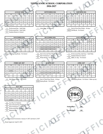 TIPPECANOE SCHOOL CORPORATION 2026-27 calendar