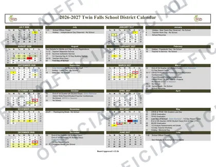 Twin Falls School District 2026-27 calendar