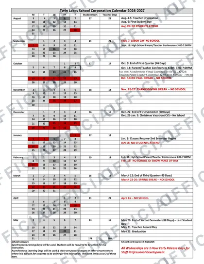 Twin Lakes School Corporation 2026-27 calendar