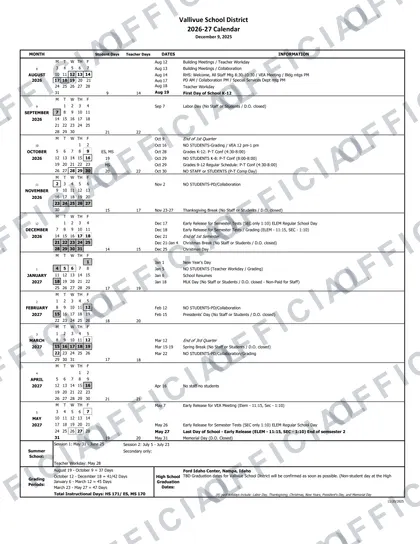 Vallivue School District 2026-27 calendar