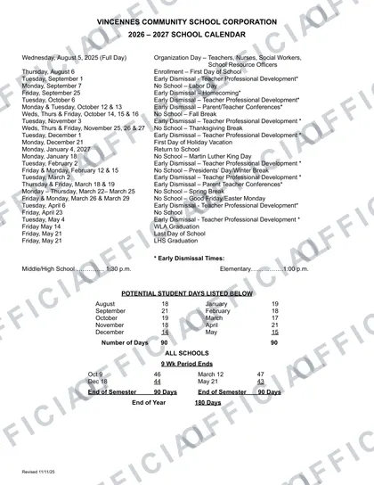 Vincennes Community School Corporation 2026-27 calendar