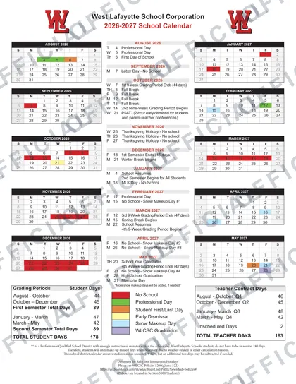 West Lafayette School Corporation 2026-27 calendar