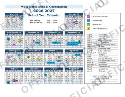 West Noble School Corporation 2026-27 calendar
