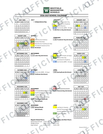 Westfield Washington Schools 2026-27 calendar