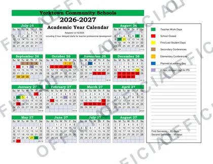 Yorktown Community Schools 2026-27 calendar