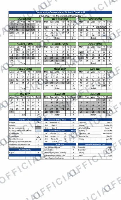 10 month D62 CCSD 2026-27 calendar