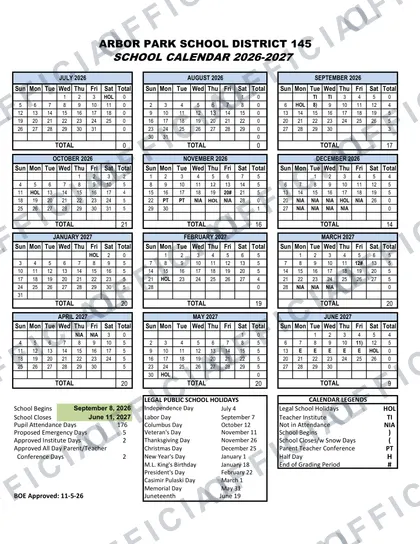 ARBOR PARK SCHOOL DISTRICT 145 2026-27 calendar