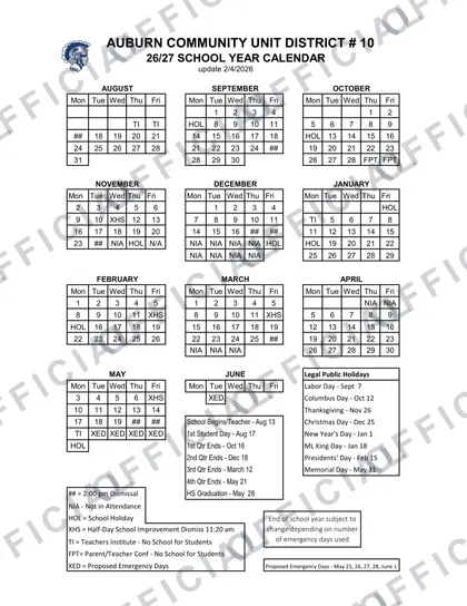AUBURN COMMUNITY UNIT DISTRICT # 10 2026-27 calendar