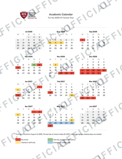 Batavia Public School District 101 2026-27 calendar