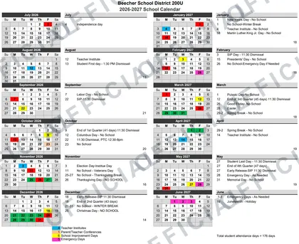 Beecher School District 200U 2026-27 calendar