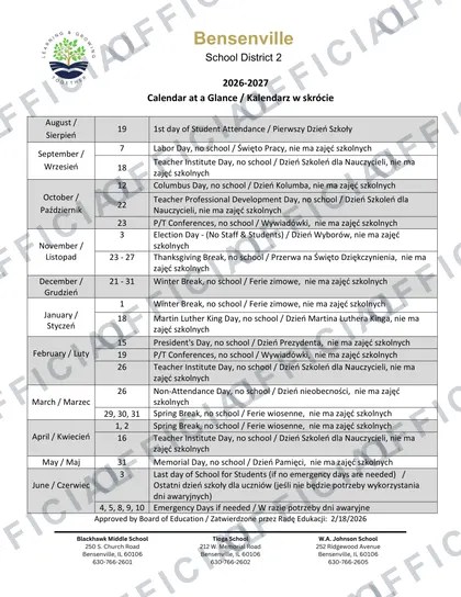 Bensenville School District 2 2026-27 calendar