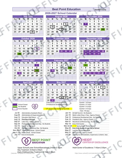 Best Point Education Hamilton County 2026-27 calendar