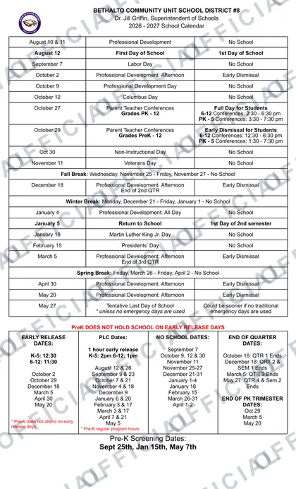 Bethalto Community Unit School CUSD8 2026-27 calendar