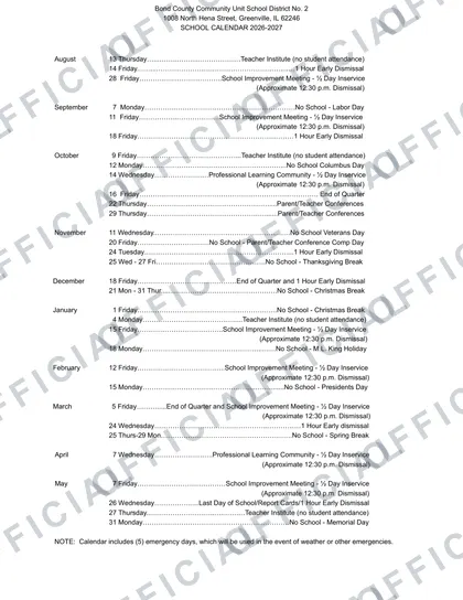 Bond County Community Unit School District No. 2 2026-27 calendar