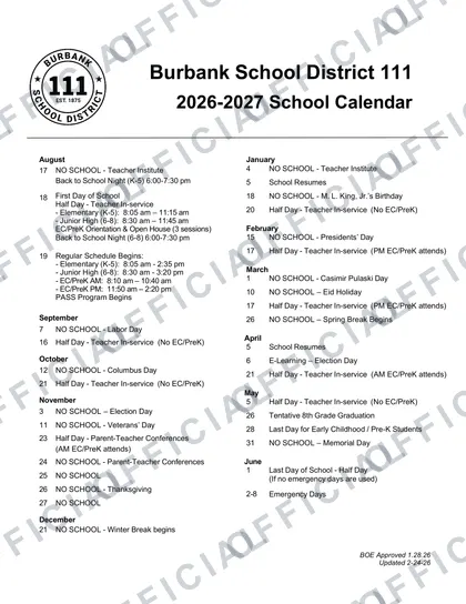 Burbank School District BSD 111 2026-27 calendar