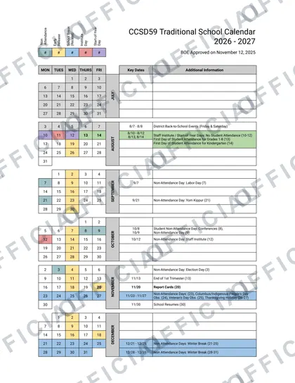 CCSD59 Traditional School 2026-27 calendar