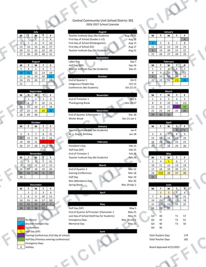 Central Community Unit School CUSD301 2026-27 calendar
