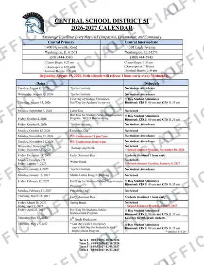 CENTRAL SCHOOL DISTRICT 51 2026-27 calendar