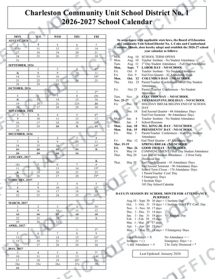 Charleston Community Unit School CUSD1 2026-27 calendar