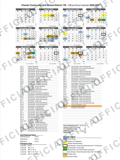 Chester Community Unit School District 139 2026-27 calendar