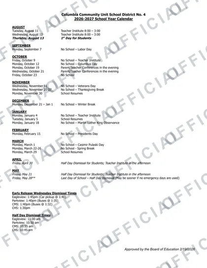 Columbia Community Unit School District No. 4 2026-27 calendar