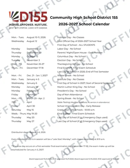 Community High School d155 2026-27 calendar