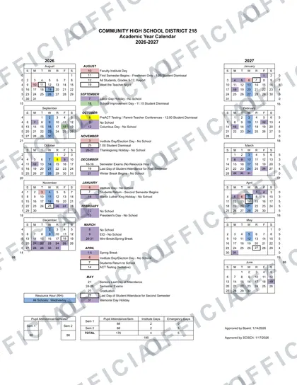 Community High School district 218 2026-27 calendar