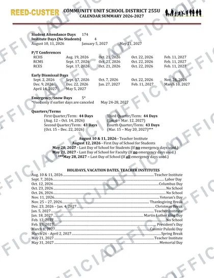 COMMUNITY UNIT SCHOOL DISTRICT 255U 2026-27 calendar