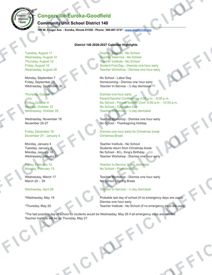Congerville-Eureka-Goodfield Community Unit School District 140 2026-27 calendar
