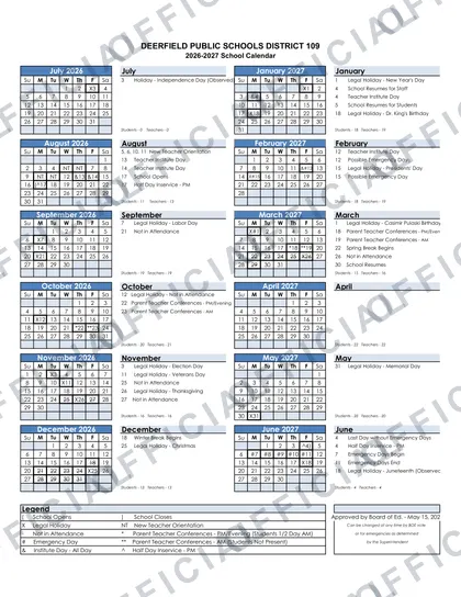 Deerfield Public Schools District DPS109 2026-27 calendar