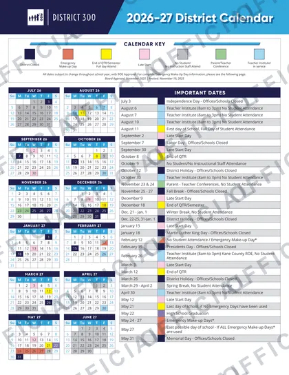 District 300 2026-27 calendar