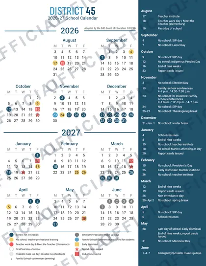 District 45 2026-27 calendar