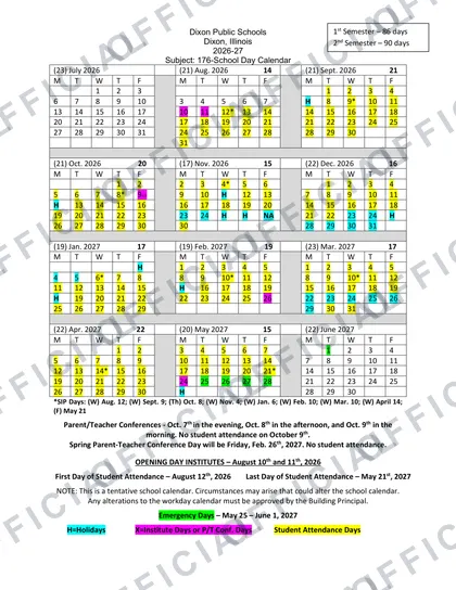 Dixon Public Schools D170 2026-27 calendar
