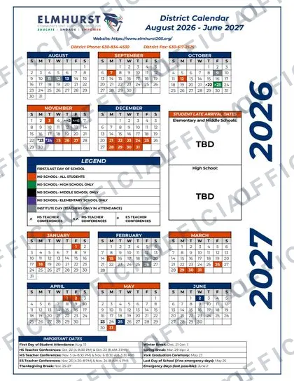 ELMHURST CUSD 205 2026-27 calendar