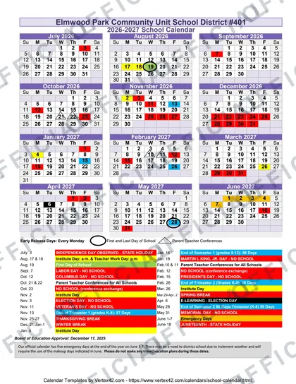 Elmwood Park Community Unit School District #401 2026-27 calendar