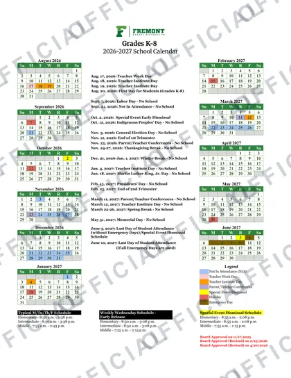 Fremont School District 79 2026-27 calendar