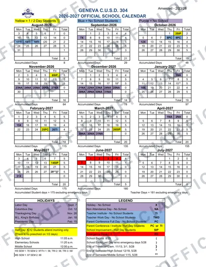 Geneva C.U.S.D. 304 2026-27 calendar