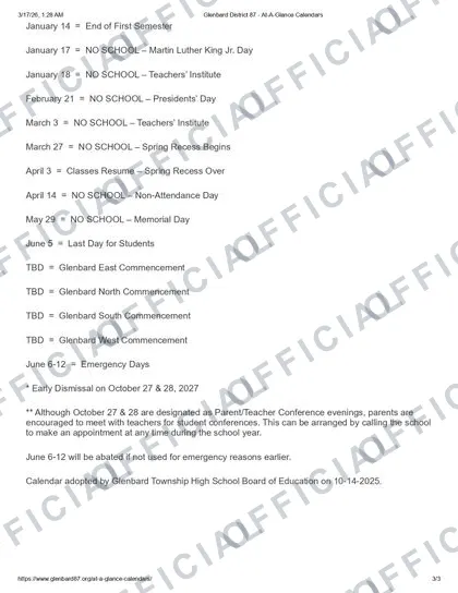 Glenbard District 87 2026-27 calendar