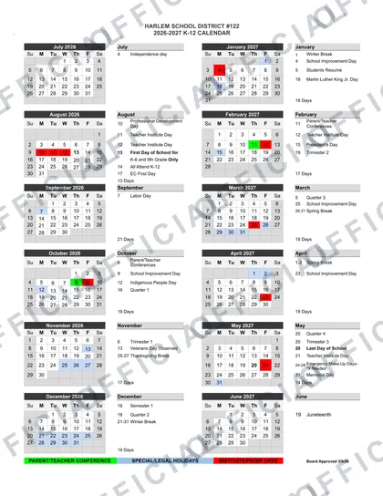 HARLEM SCHOOL DISTRICT #122 2026-27 calendar