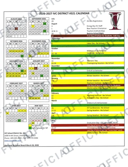 IVC School District #321 2026-27 calendar