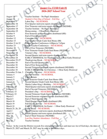 Jasper Co. CUSD Unit #1 2026-27 calendar