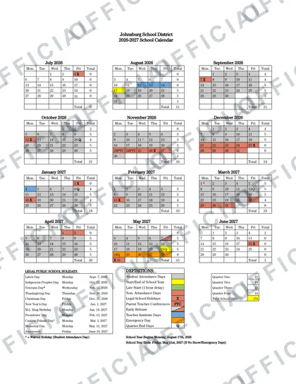 Johnsburg School District 2026-27 calendar