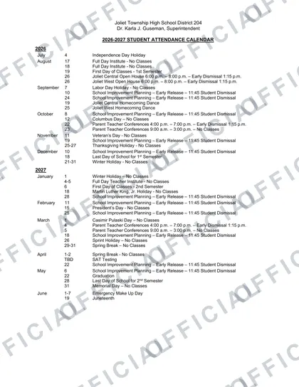 Joliet Township High School District 204 2026-27 calendar