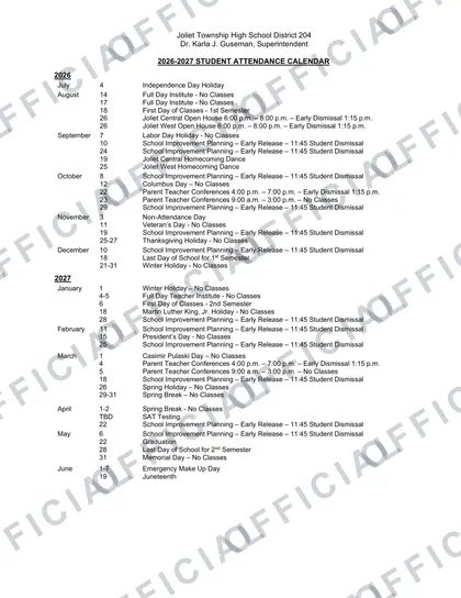 Joliet Township High School District 204 2026-27 calendar