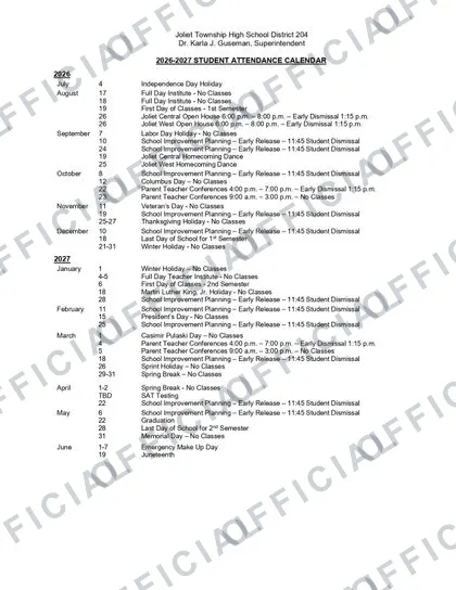 Joliet Township JTHS 204 2026-27 calendar