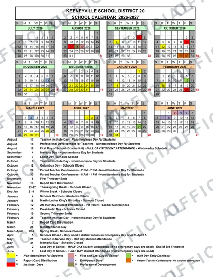 KEENEYVILLE SCHOOL DISTRICT 20 2026-27 calendar