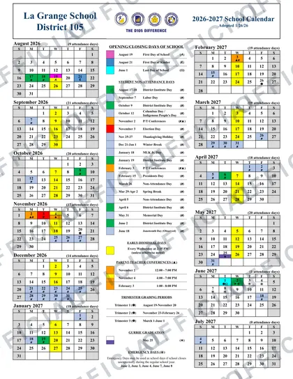 La Grange School District 105 2026-27 calendar